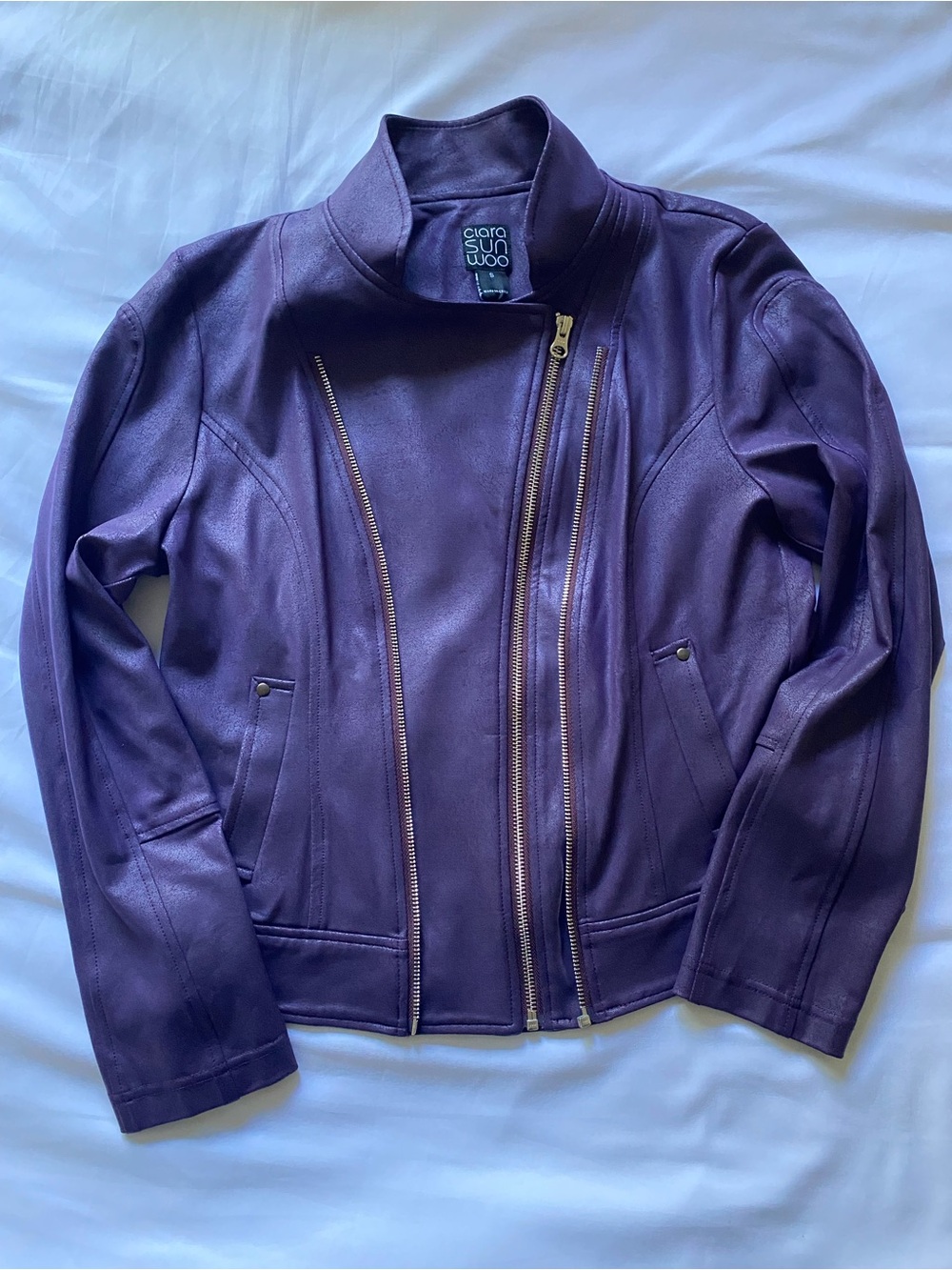 CLARA SUNWOO Purple Leather Moto Jacket with silver Hardware
